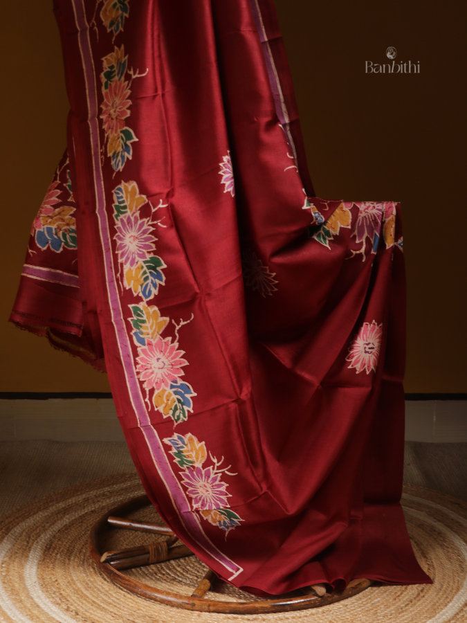 Hand-Painted Murshidabad Silk Saree – Royal Red Statement