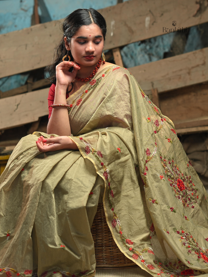 Hand Embroidered Saree – Brown (Variant 1)