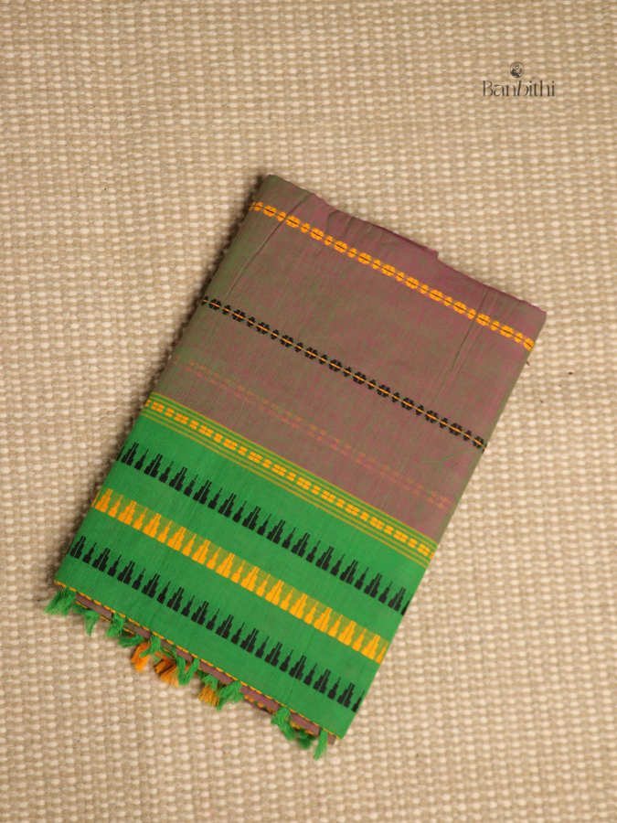 Begumpuri Pure Cotton Handwoven Saree – Brown With Green
