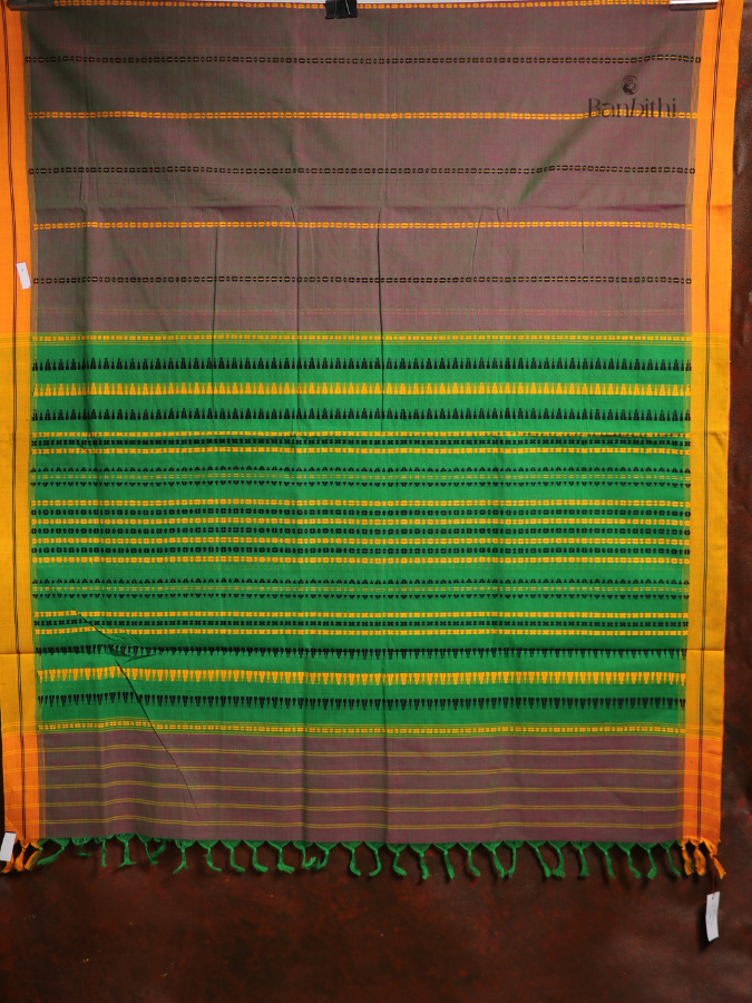 Begumpuri Pure Cotton Handwoven Saree – Brown With Green