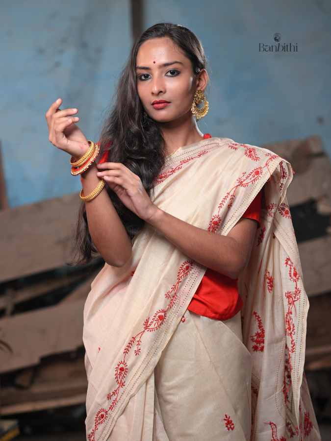 Hand Embroidered Saree – Off White (Variant 1)