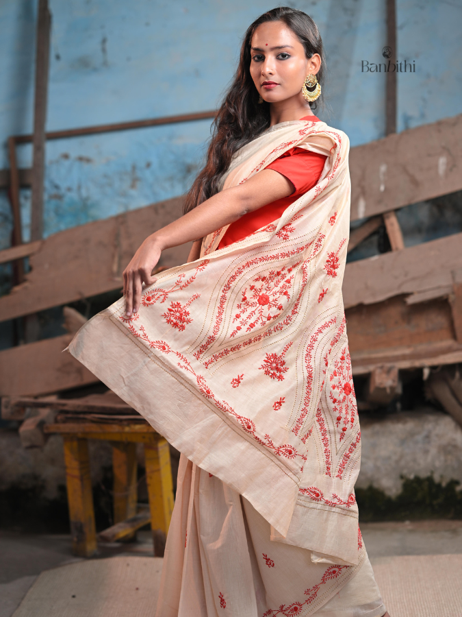 Hand Embroidered Saree – Off White (Variant 1)