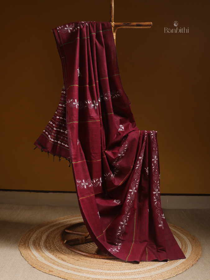 Crimson Bloom Kantha Handcrafted Saree