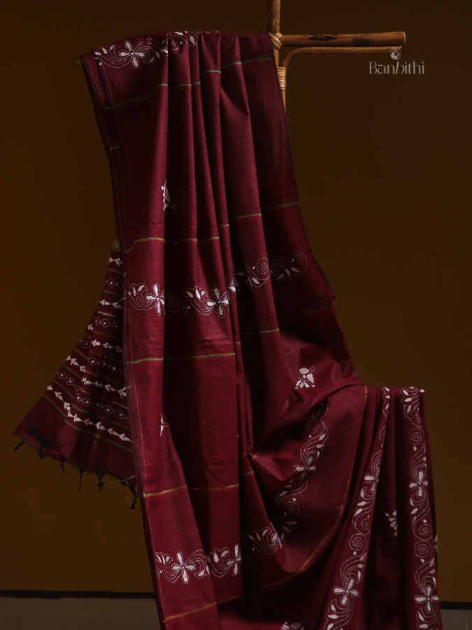 Crimson Bloom Kantha Handcrafted Saree
