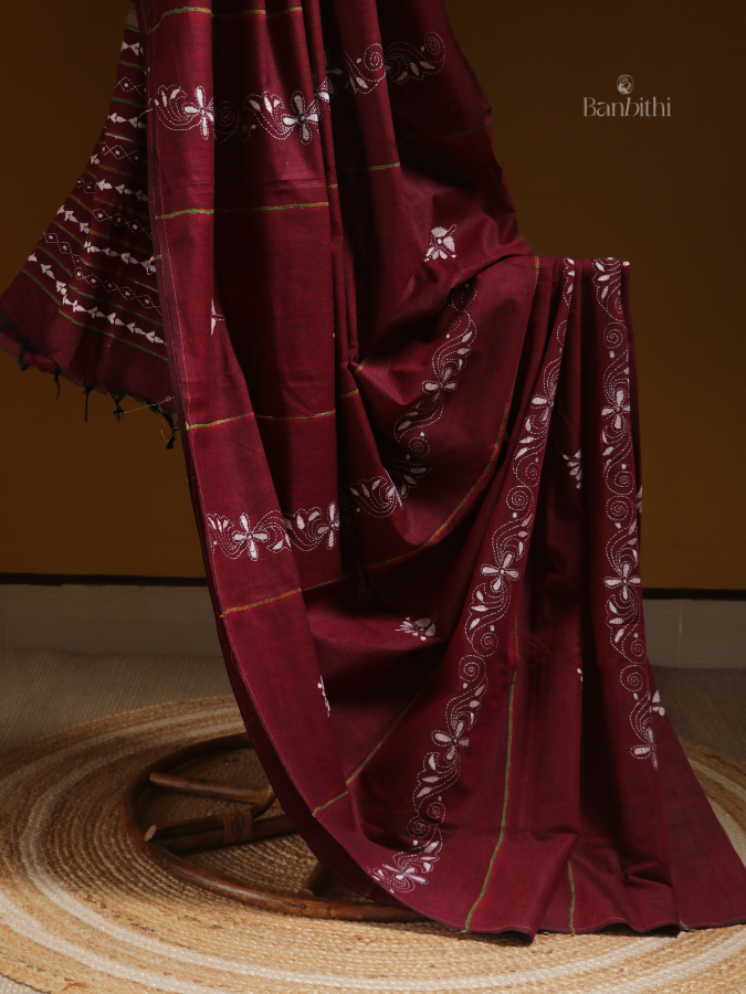 Crimson Bloom Kantha Handcrafted Saree