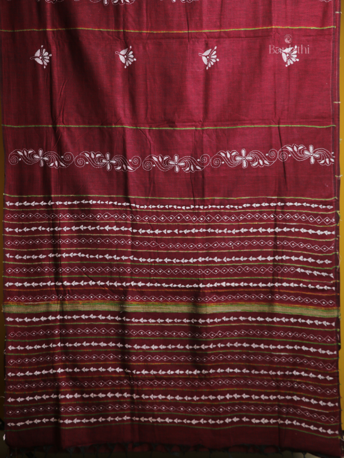 Crimson Bloom Kantha Handcrafted Saree
