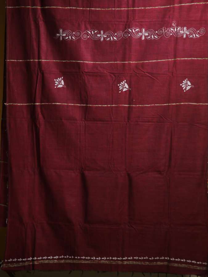 Crimson Bloom Kantha Handcrafted Saree