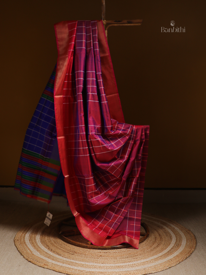 Bishnupur Silk Saree – Crimson & Blue Contrast