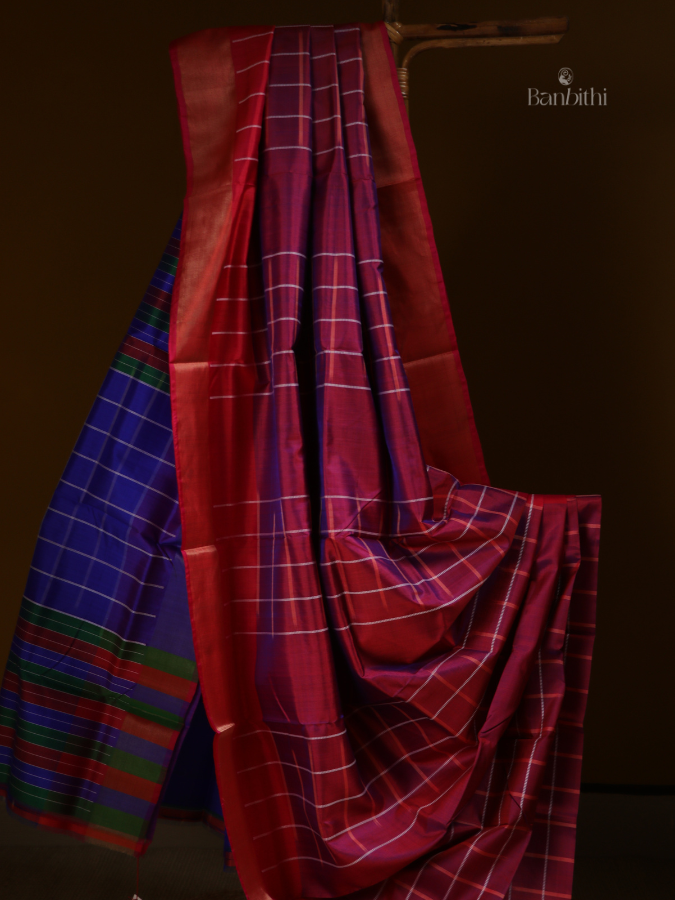 Bishnupur Silk Saree – Crimson & Blue Contrast