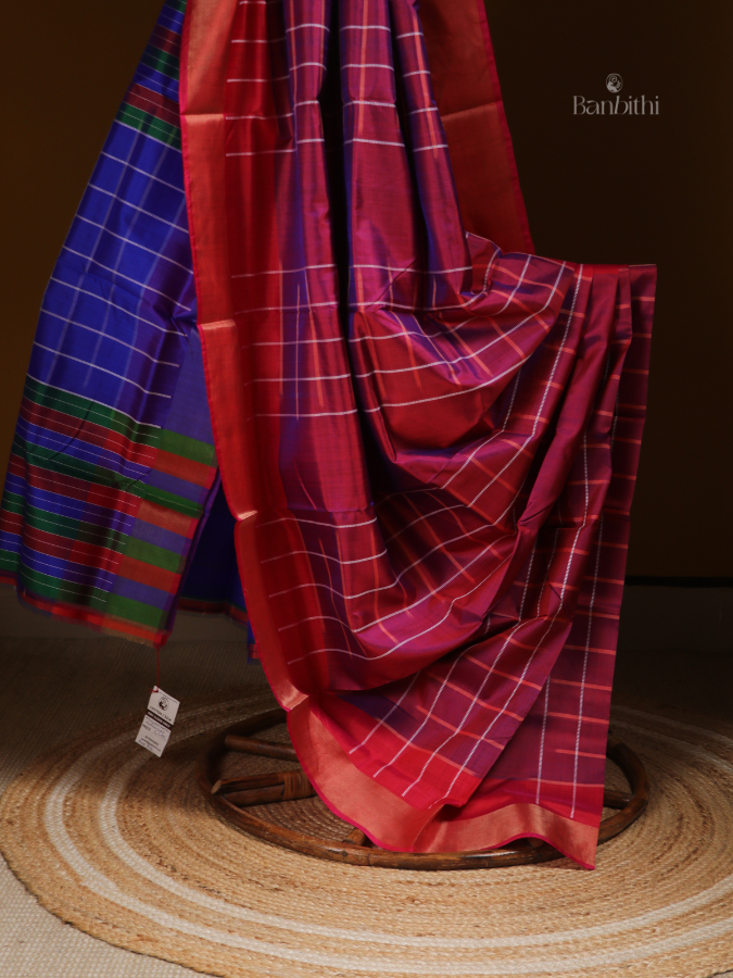 Bishnupur Silk Saree – Crimson & Blue Contrast