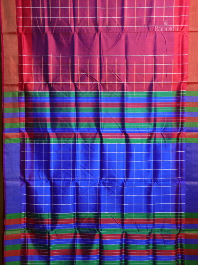 Bishnupur Silk Saree – Crimson & Blue Contrast