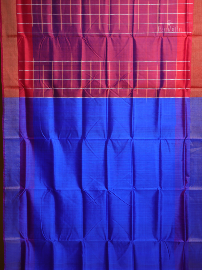 Bishnupur Silk Saree – Crimson & Blue Contrast