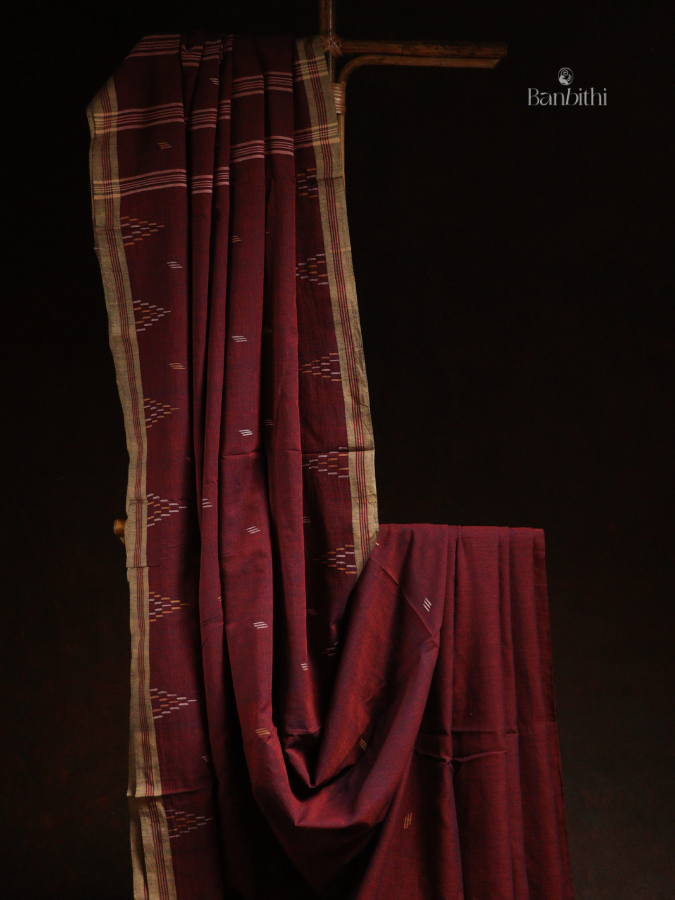 Pure Cotton Hand Spun Jamdani Saree – Deep Magenta
