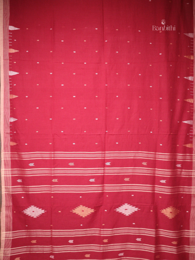 Pure Cotton Hand Spun Jamdani Saree – Deep Red