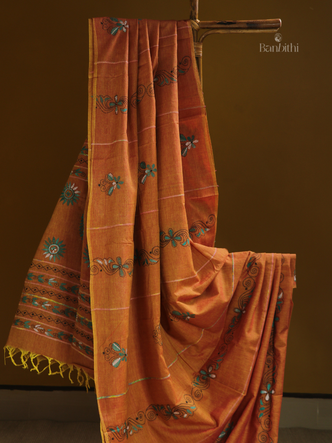 Golden Mustard Kantha Cotton Saree