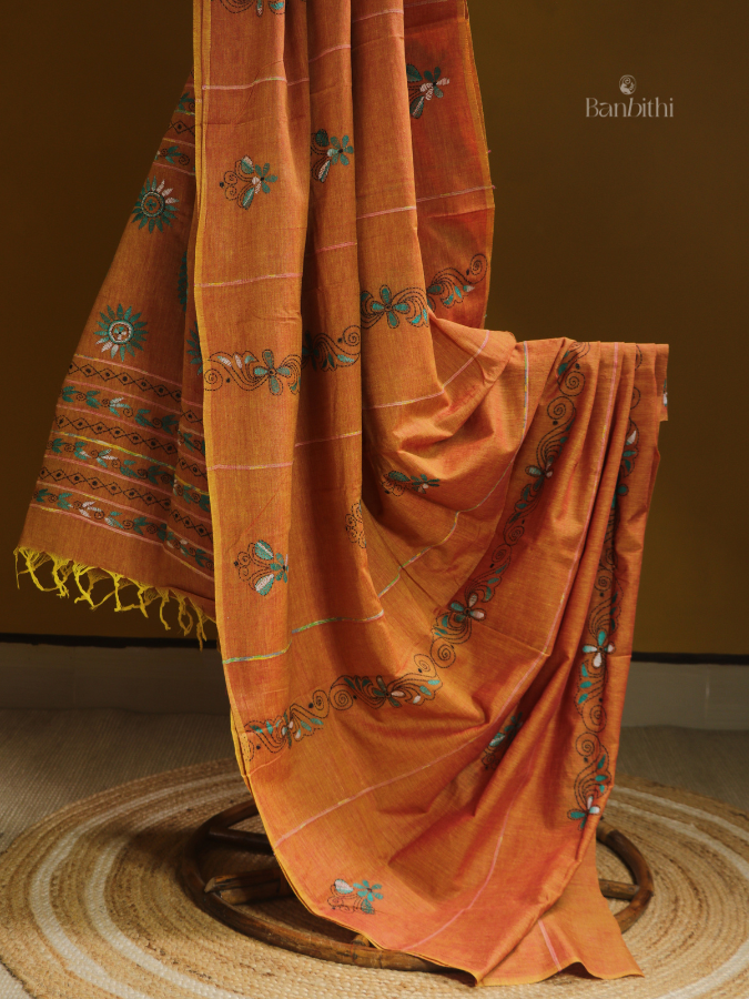 Golden Mustard Kantha Cotton Saree