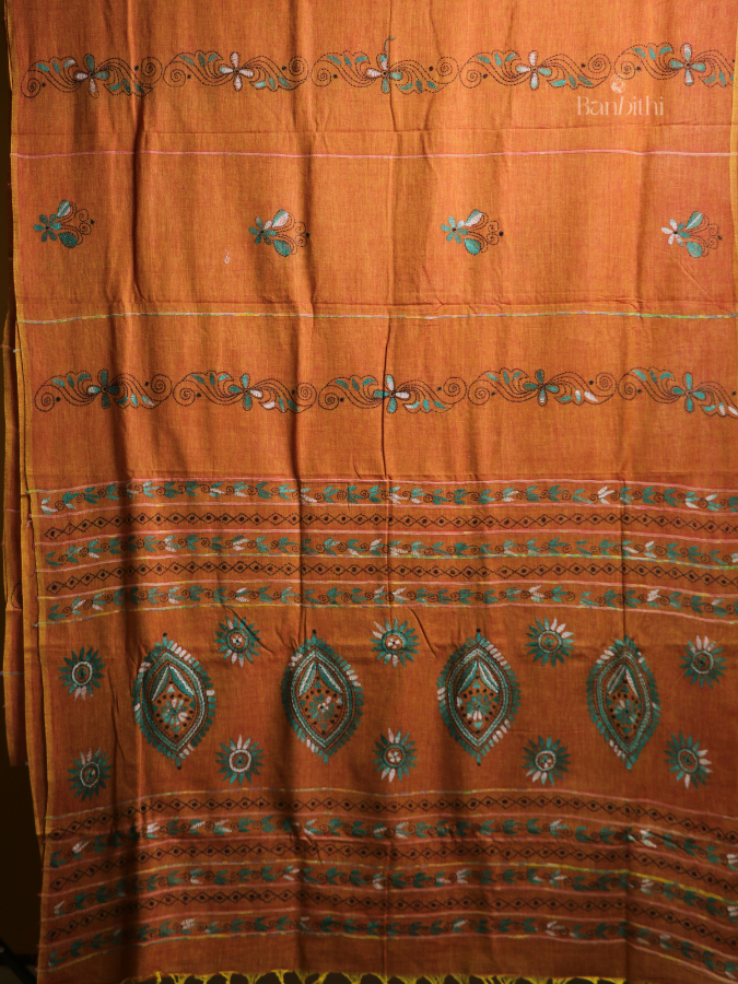 Golden Mustard Kantha Cotton Saree