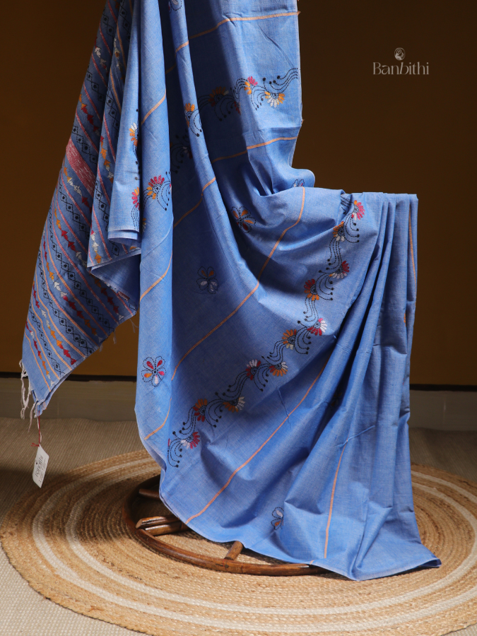 Indigo Denim Kantha Embroidered Saree