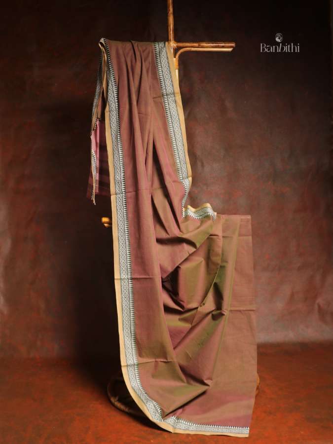 Pure Cotton Handwoven Dhaniakhali Saree – Dual Tone Brown