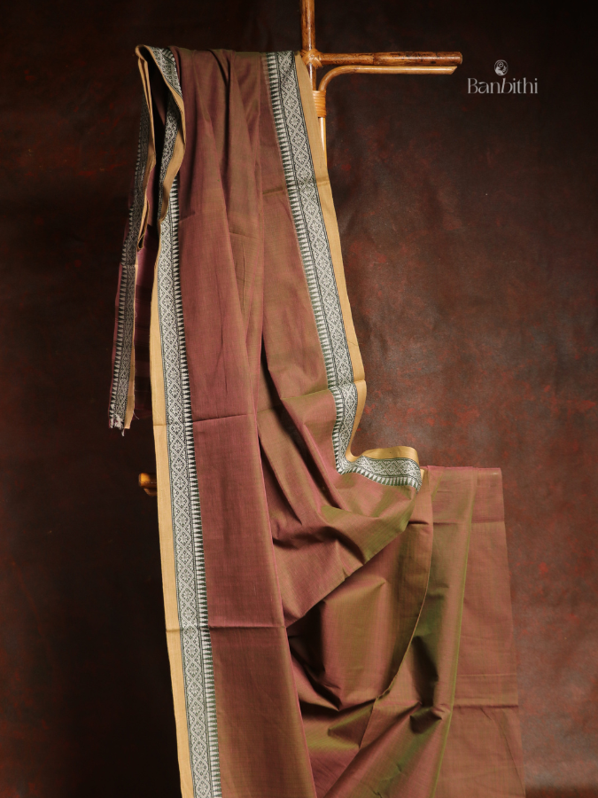 Pure Cotton Handwoven Dhaniakhali Saree – Dual Tone Brown