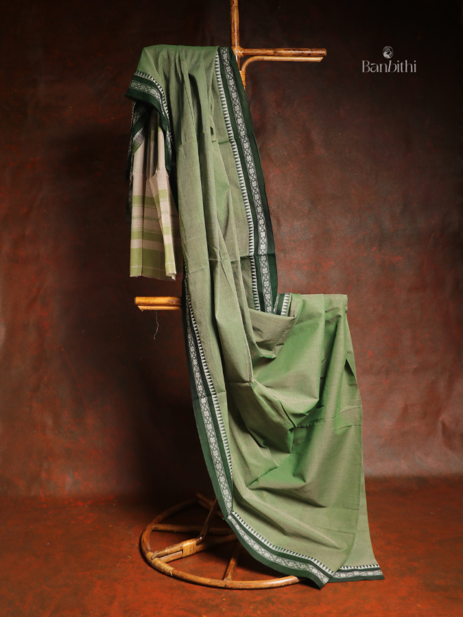 Pure Cotton Handwoven Dhaniakhali Saree – Dual Tone Pista Green