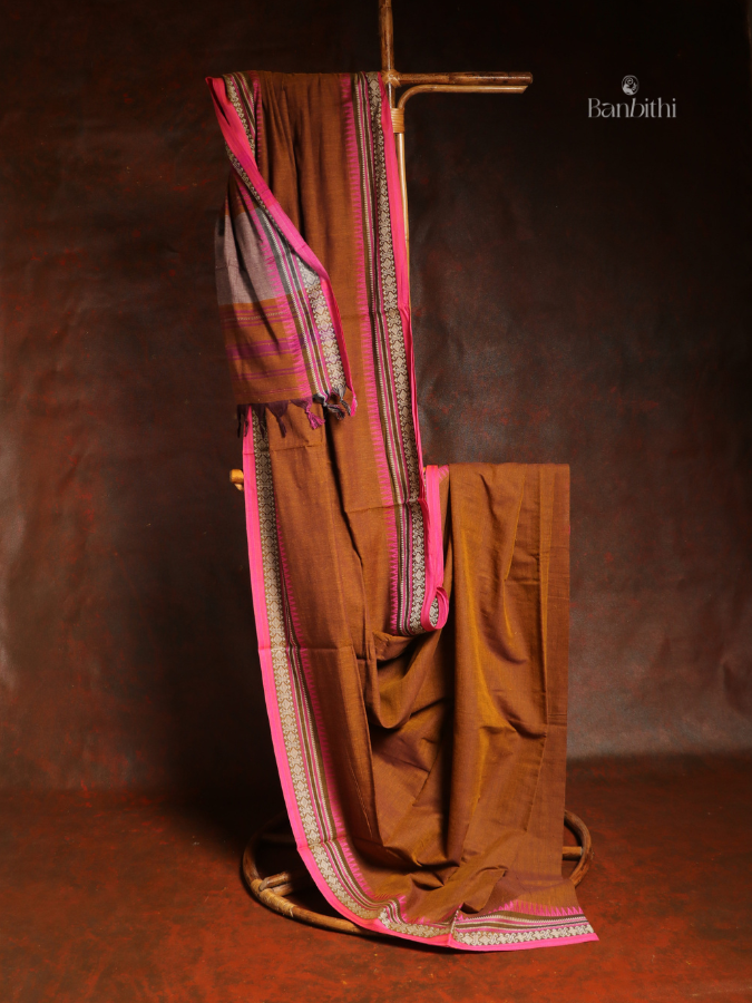 Pure Cotton Handwoven Dhaniakhali Saree – Earthy Brown