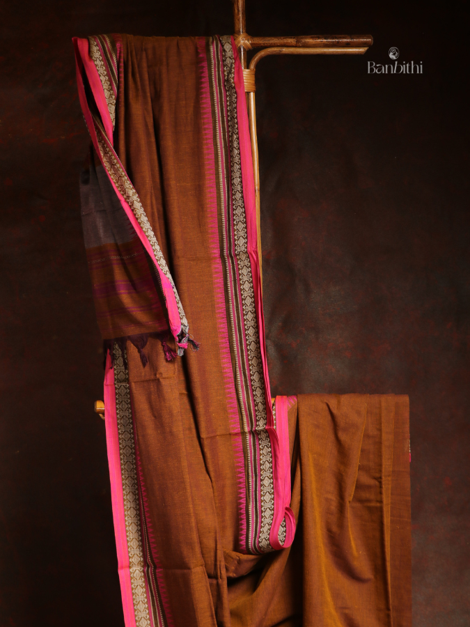 Pure Cotton Handwoven Dhaniakhali Saree – Earthy Brown