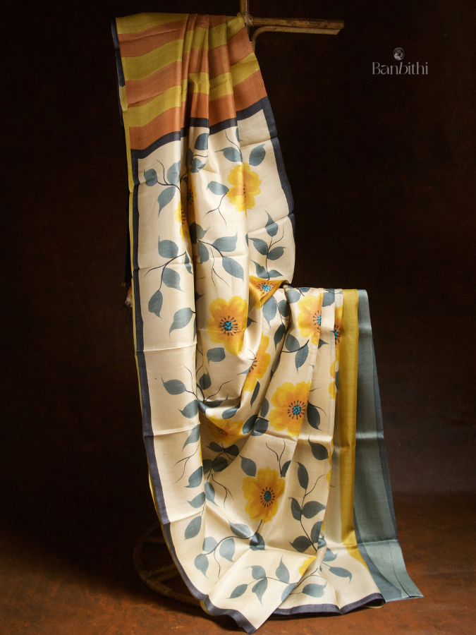 Hand Painted Tussar Silk Saree – Off White with Yellow Floral