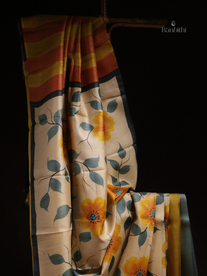 Hand Painted Tussar Silk Saree – Off White with Yellow Floral