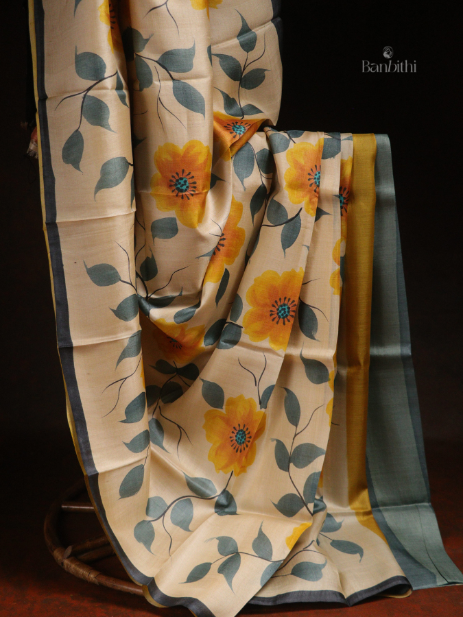 Hand Painted Tussar Silk Saree – Off White with Yellow Floral