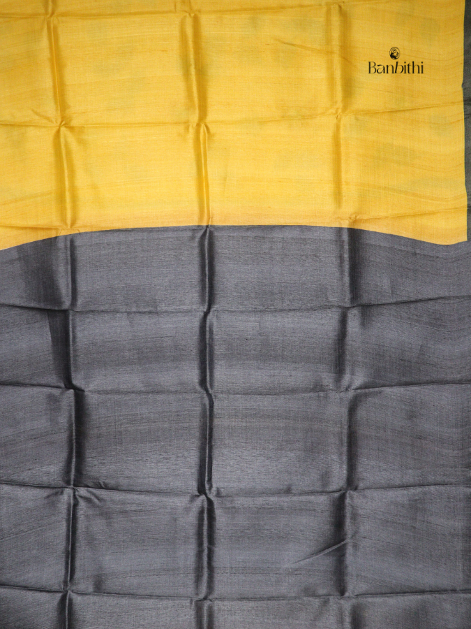 Hand Painted Tussar Silk Saree – Off White with Yellow Floral