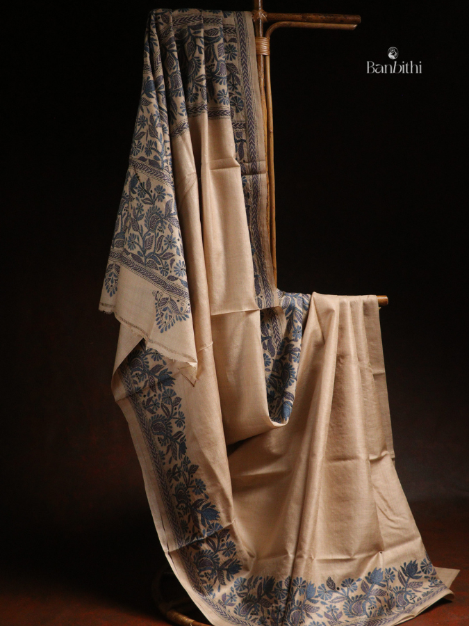 Hand Stitched Kantha Gacchi Tussar Silk Saree – Off White