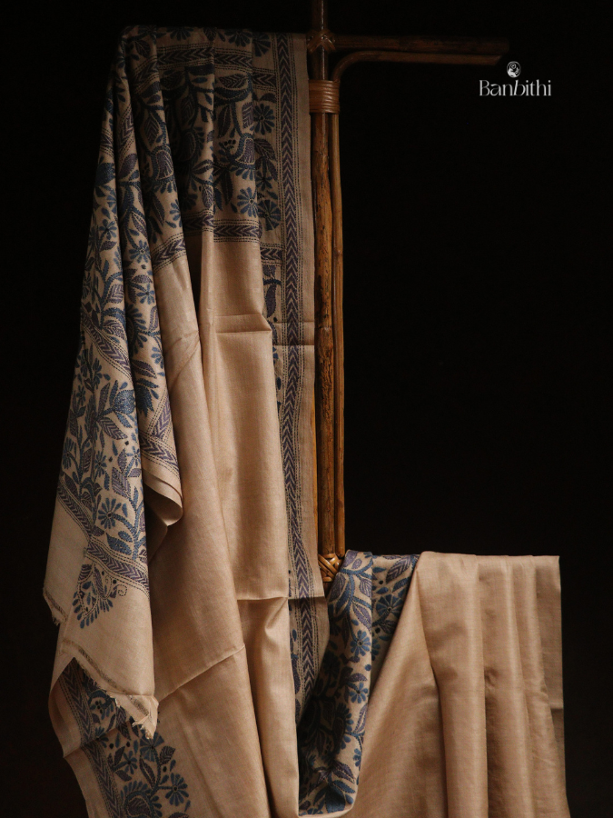 Hand Stitched Kantha Gacchi Tussar Silk Saree – Off White