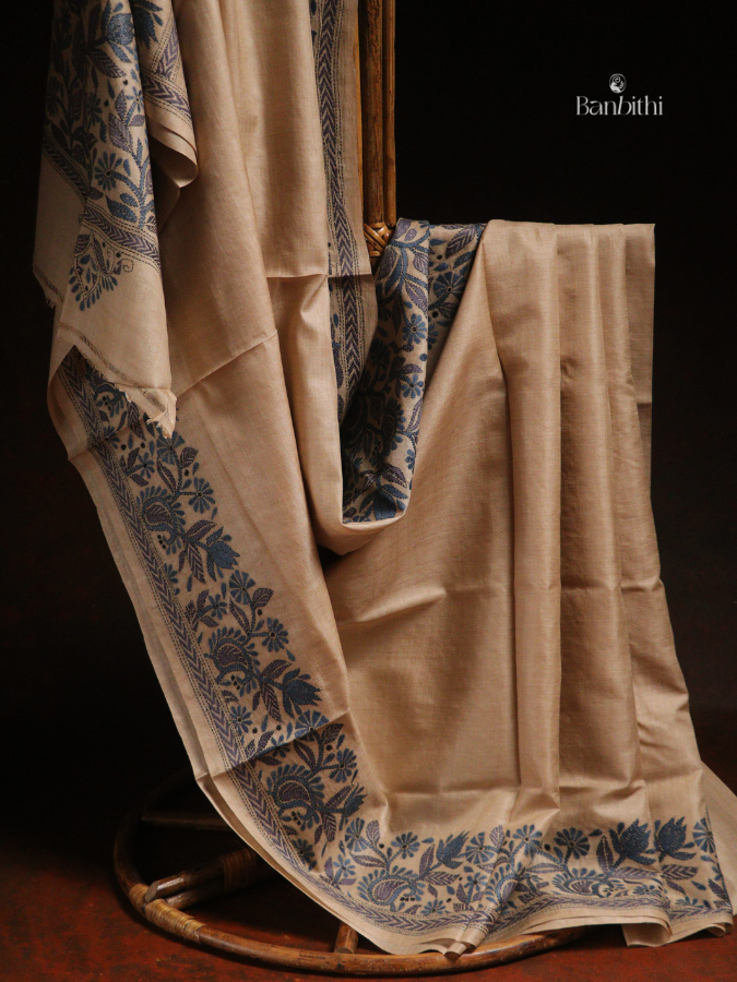 Hand Stitched Kantha Gacchi Tussar Silk Saree – Off White