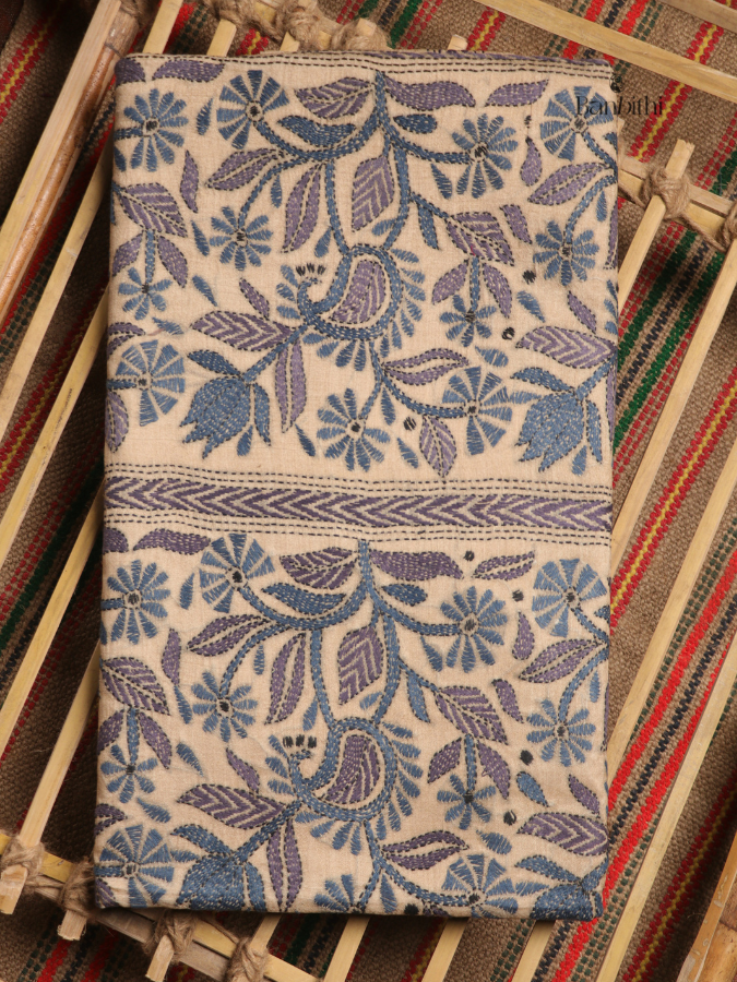 Hand Stitched Kantha Gacchi Tussar Silk Saree – Off White