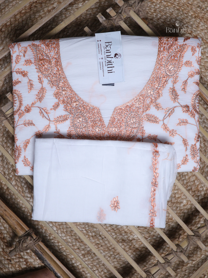 Hand Embroidered Cotton Suit Set – 3 Pcs White with Kashmiri Stitch