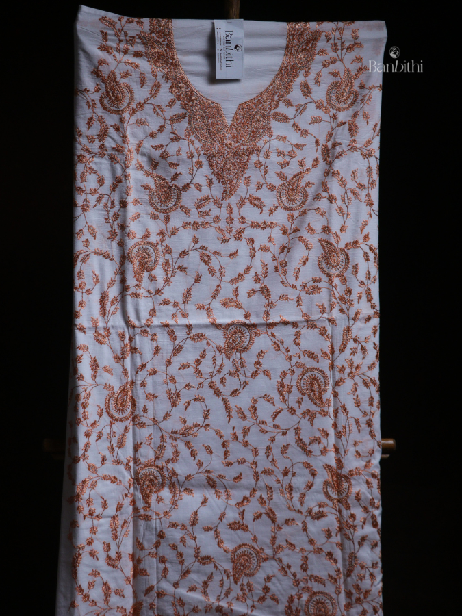 Hand Embroidered Cotton Suit Set – 3 Pcs White with Kashmiri Stitch