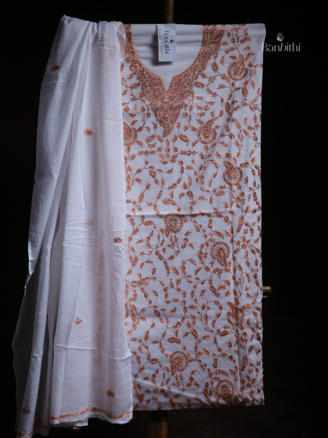 Hand Embroidered Cotton Suit Set – 3 Pcs White with Kashmiri Stitch