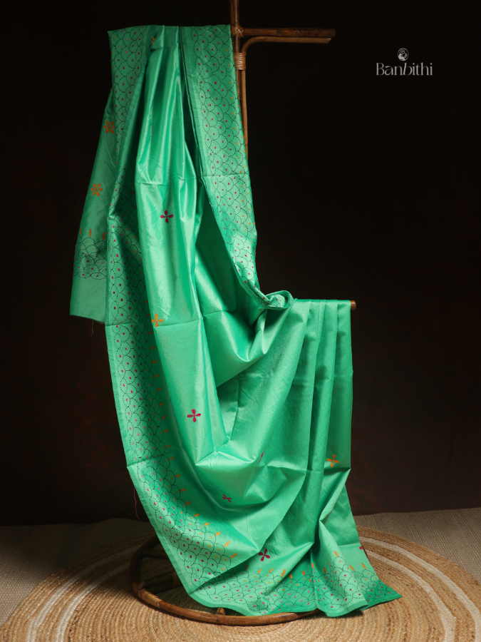 Hand Embroidered Saree – Green with Red & Yellow Thread (Variant 2)