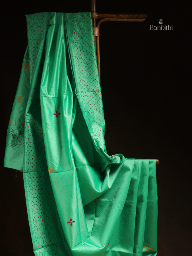 Hand Embroidered Saree – Green with Red & Yellow Thread (Variant 2)