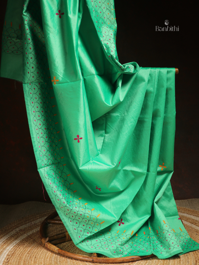 Hand Embroidered Saree – Green with Red & Yellow Thread (Variant 2)