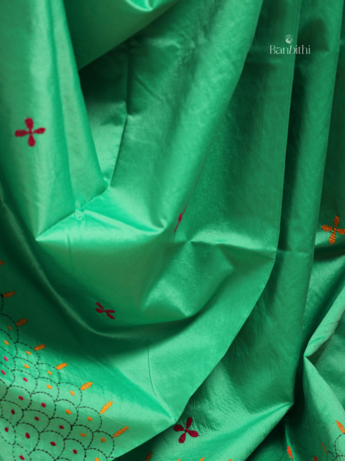 Hand Embroidered Saree – Green with Red & Yellow Thread (Variant 2)