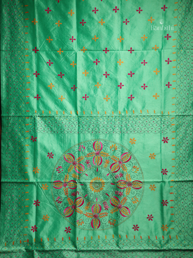 Hand Embroidered Saree – Green with Red & Yellow Thread (Variant 2)