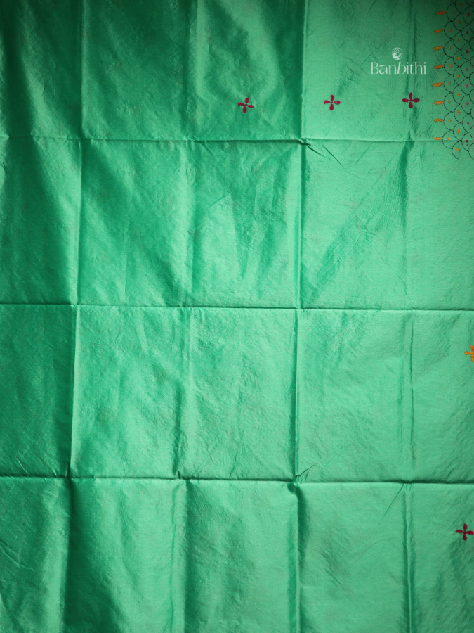 Hand Embroidered Saree – Green with Red & Yellow Thread (Variant 2)