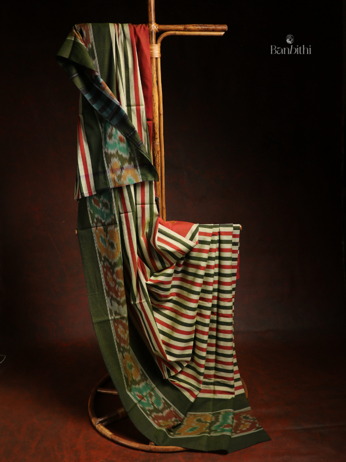 Pure Cotton Handwoven Dhaniakhali Saree – Green Red