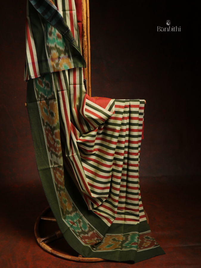 Pure Cotton Handwoven Dhaniakhali Saree – Green Red