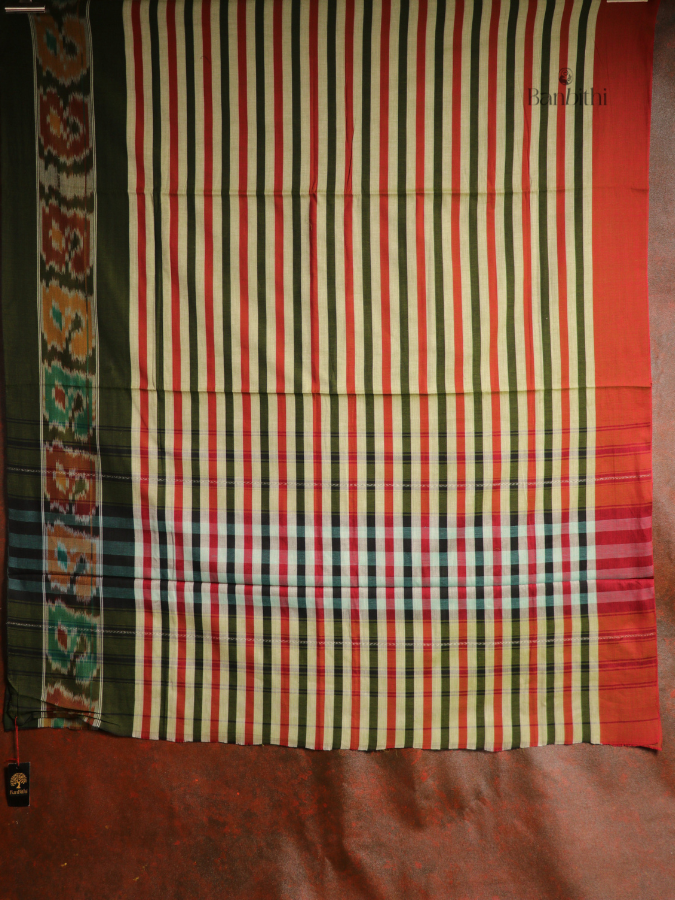 Pure Cotton Handwoven Dhaniakhali Saree – Green Red