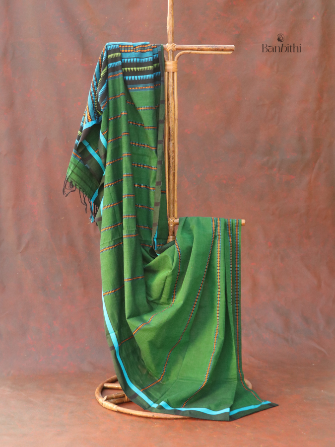 Begumpuri Pure Cotton Handwoven Saree – Green and Blue