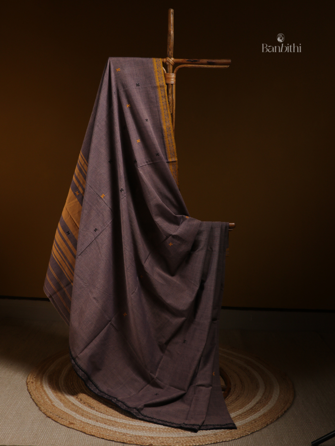 Earthy Ash Dhaniakhali Handwoven Cotton Saree