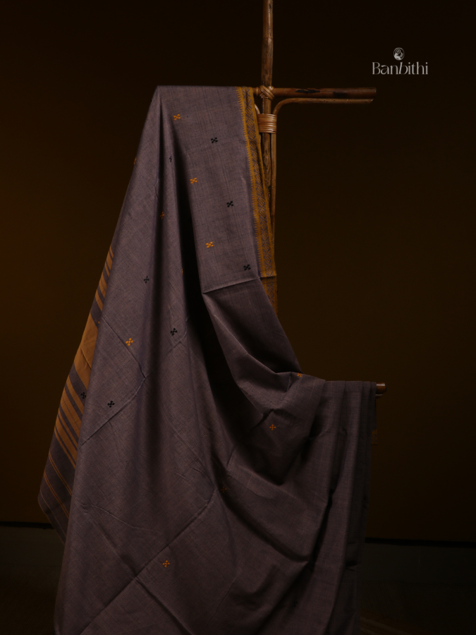 Earthy Ash Dhaniakhali Handwoven Cotton Saree